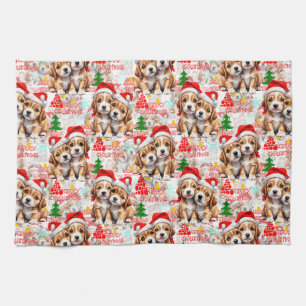 Merry Christmas Santa Hat Dog Puppy Design - White Tea Towel