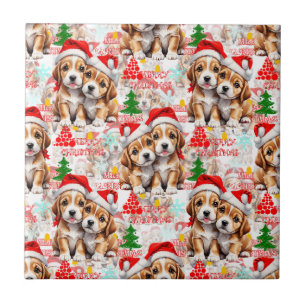Merry Christmas Santa Hat Dog Puppy Design - White Tile
