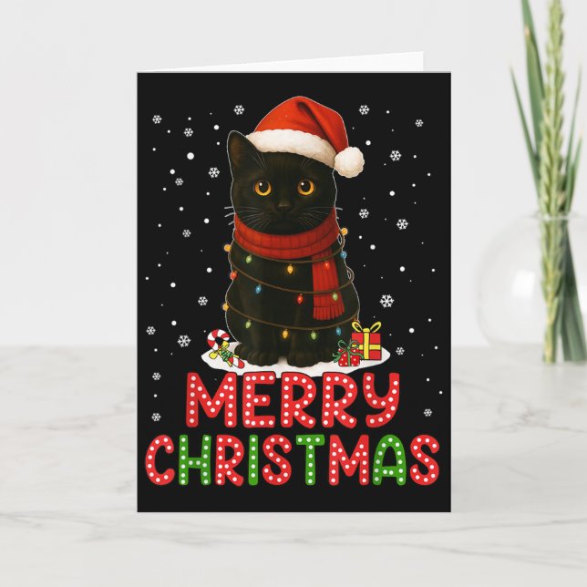 Merry Christmas Santa Hat Funny Black Cat Men Wome Card (Front)