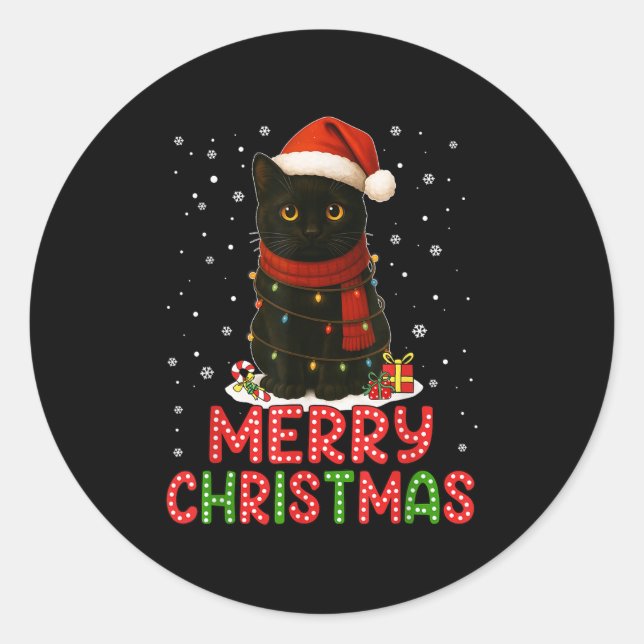 Merry Christmas Santa Hat Funny Black Cat Men Wome Classic Round Sticker (Front)