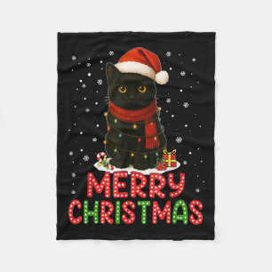 Merry Christmas Santa Hat Funny Black Cat Men Wome Fleece Blanket
