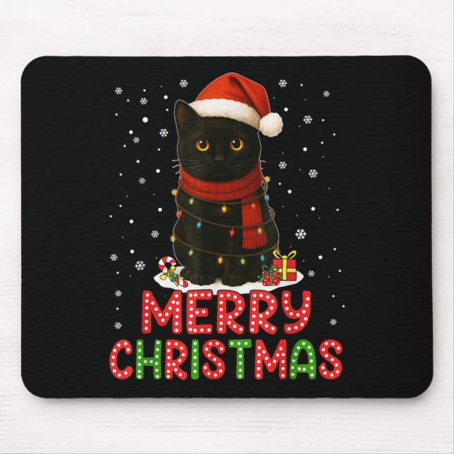 Merry Christmas Santa Hat Funny Black Cat Men Wome Mouse Mat (Front)