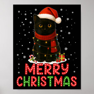 Merry Christmas Santa Hat Funny Black Cat Men Wome Poster