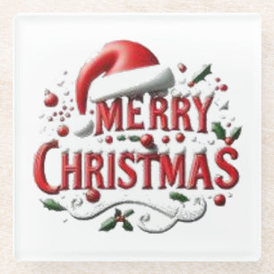 Merry Christmas Santa Hat Glass Coaster