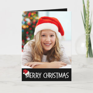 Merry Christmas Santa Hat on Black Photo Custom Holiday Card