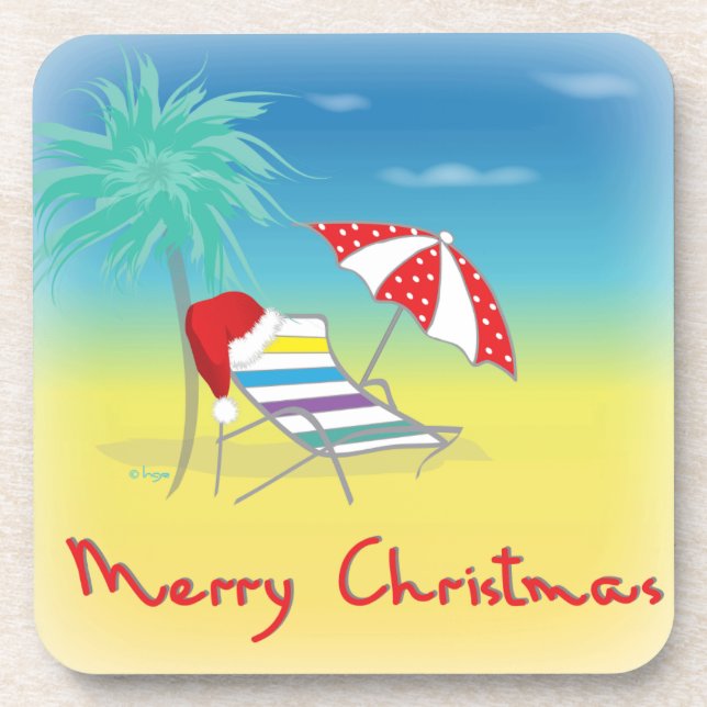 Merry Christmas, Santa Hat, Palm Tree, Beach Coaster (Front)
