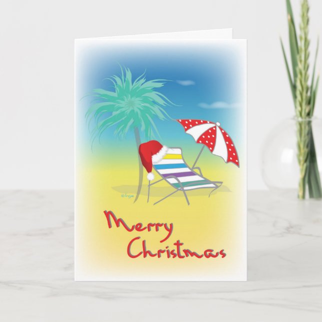Merry Christmas, Santa Hat, Palm Tree Beach Holiday Card (Front)