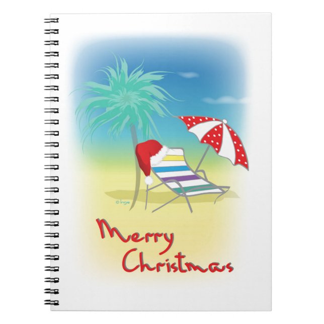 Merry Christmas, Santa Hat, Palm Tree, Beach Notebook (Front)
