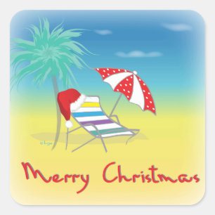Merry Christmas, Santa Hat, Palm Tree, Beach Square Sticker