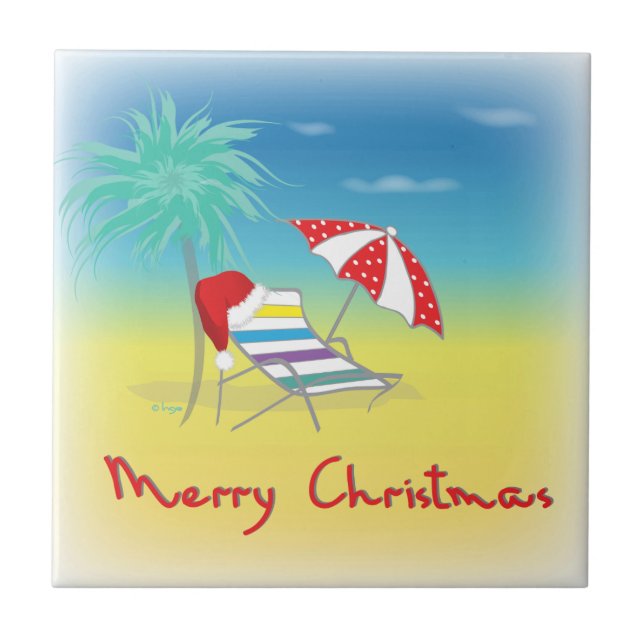 Merry Christmas, Santa Hat, Palm Tree, Beach Tile (Front)