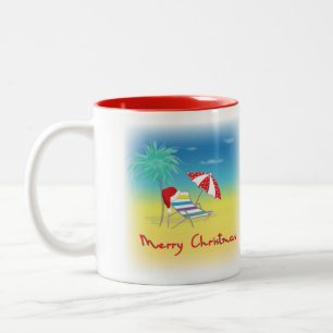 Merry Christmas, Santa Hat, Palm Tree, Beach Two-Tone Coffee Mug