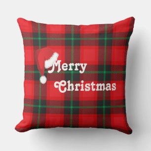 Merry Christmas Santa hat Plaid Tartan Pattern Cushion
