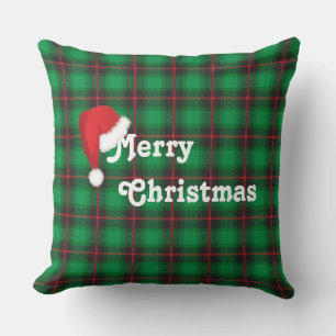 Merry Christmas Santa hat Plaid Tartan Pattern Cushion