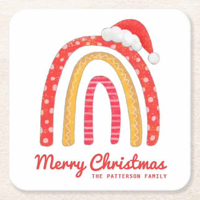 Merry Christmas Santa Hat Rainbow Personalised Square Paper Coaster (Front)