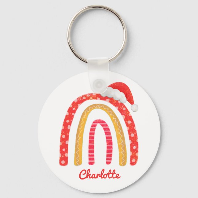 Merry Christmas Santa Hat Rainbow Personalized Key Ring (Front)