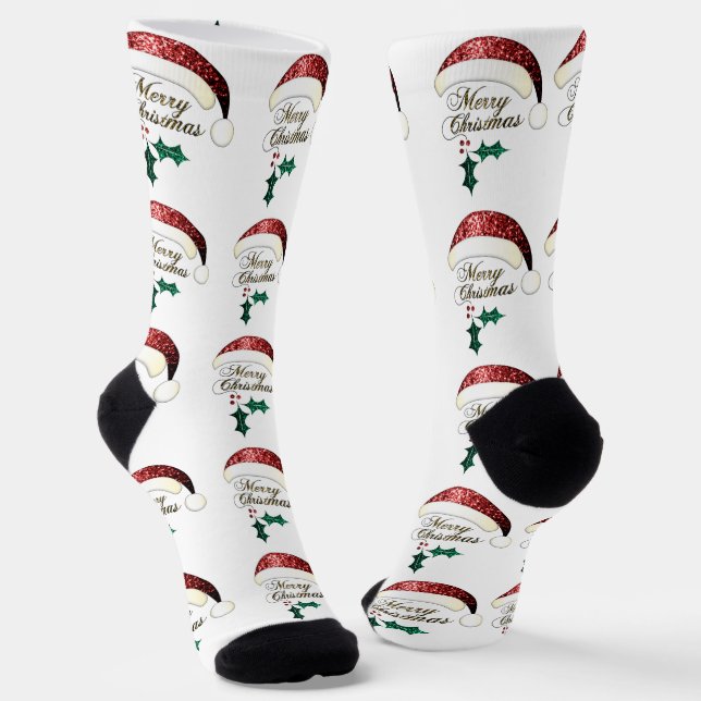 Merry Christmas Santa hat Red Gold Green Sparkles Socks (Angled)