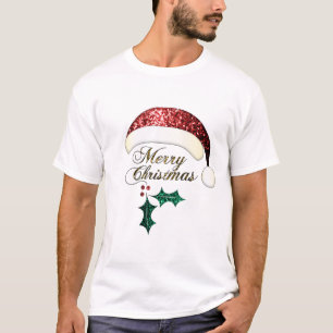 Merry Christmas Santa hat Red Gold Green Sparkles T-Shirt
