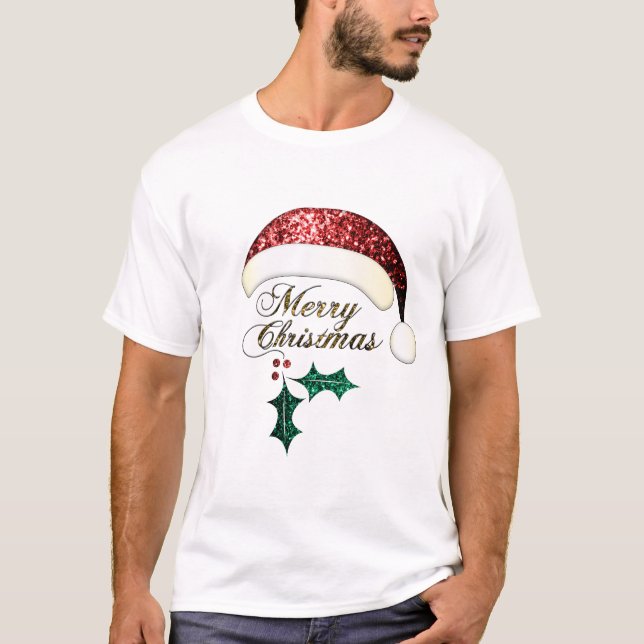 Merry Christmas Santa hat Red Gold Green Sparkles T-Shirt (Front)