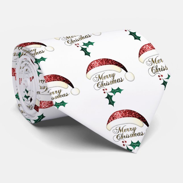 Merry Christmas Santa hat Red Gold Green Sparkles Tie (Rolled)