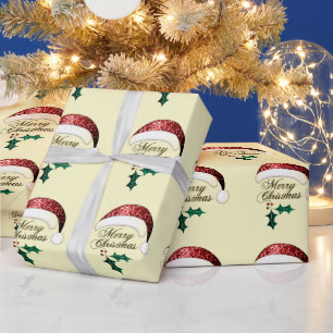Merry Christmas Santa hat Red Gold Green Sparkles Wrapping Paper