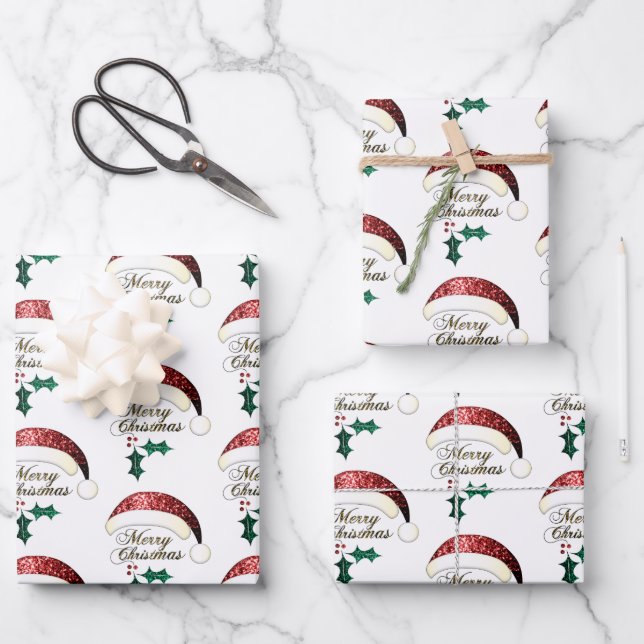Merry Christmas Santa hat Red Gold Green Sparkles Wrapping Paper Sheet (Front)