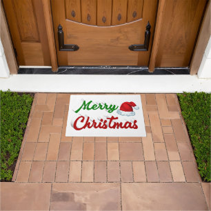 Merry Christmas Santa Hat red green script Doormat