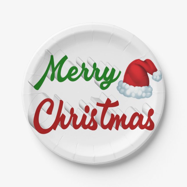 Merry Christmas Santa Hat red green script Paper Plate (Front)