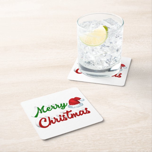 Merry Christmas Santa Hat red green script  Square Paper Coaster (Insitu)