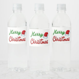 Merry Christmas Santa Hat red green script Water Bottle Label