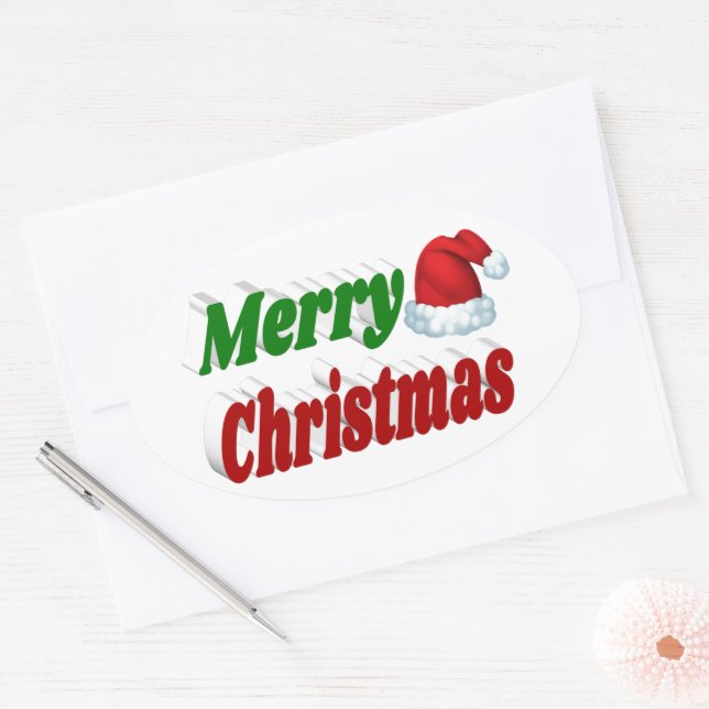 Merry Christmas Santa Hat red green typography Oval Sticker (Envelope)