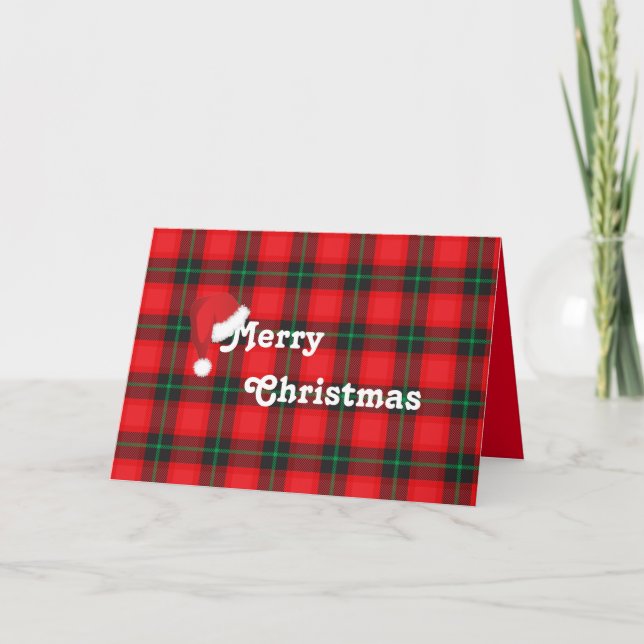Merry Christmas Santa Hat Red Plaid Tartan Fun Holiday Card (Front)
