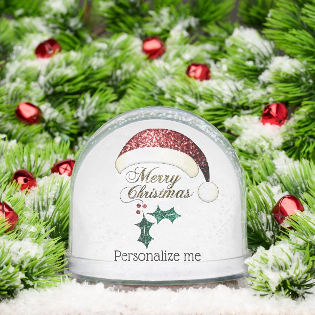 Merry Christmas Santa hat Sparkles Custom text Snowglobe (Christmas)