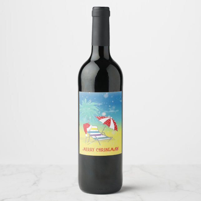 MERRY CHRISTMAS Santa Hat Whimsical Beach Scene Wine Label (Front)