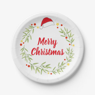 Merry Christmas Santa Hat Wreath Party Paper Plate