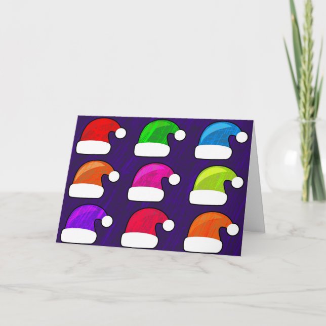 Merry Christmas Santa Hats Red Blue Purple Green Holiday Card (Front)