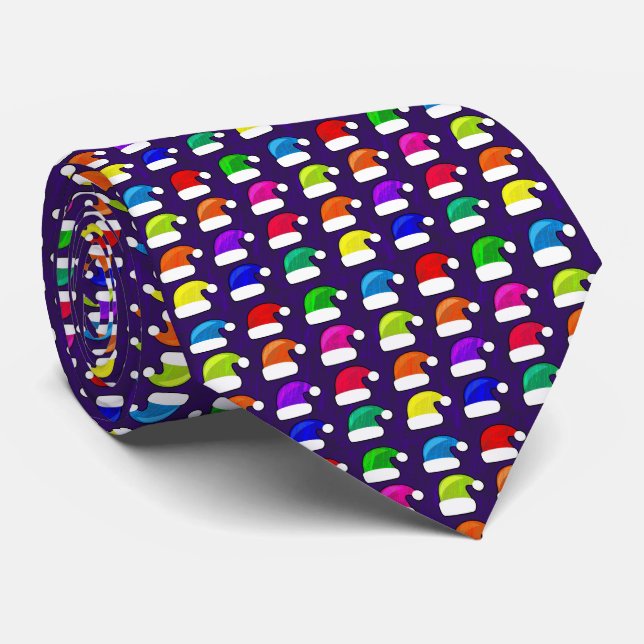 Merry Christmas Santa Hats Red Blue Purple Green Tie (Rolled)