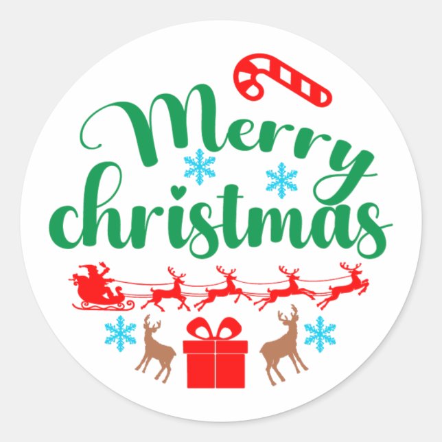 Merry Christmas: Santa & His Sleigh & Reindeer Classic Round Sticker (Front)