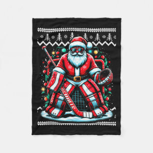 Merry Christmas Santa Hockey Goalie Ugly Christmas Fleece Blanket