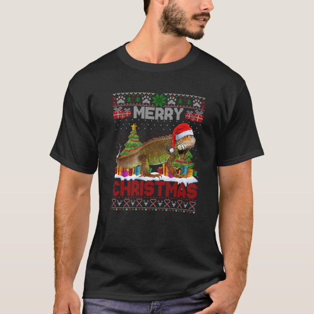 Merry Christmas Santa Iguana Xmas Tree Lights Ugly T-Shirt (Front)