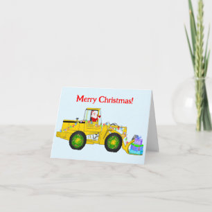 Merry Christmas Santa In Bulldozer Delivering Gift Card