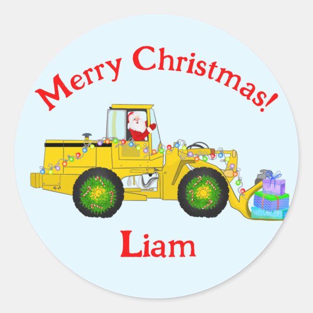 Merry Christmas Santa In Bulldozer Delivering Gift Classic Round Sticker (Front)
