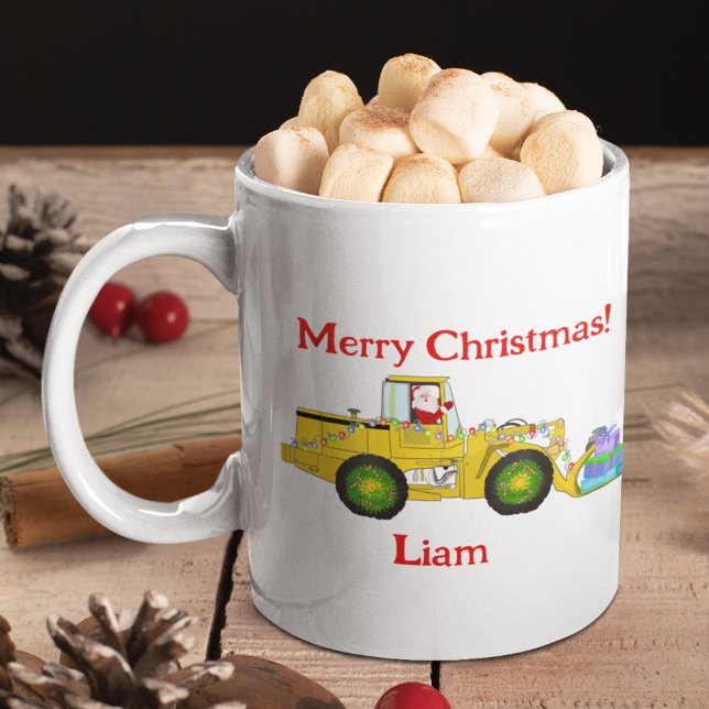 Merry Christmas Santa In Bulldozer Delivering Gift Coffee Mug (Creator Uploaded)