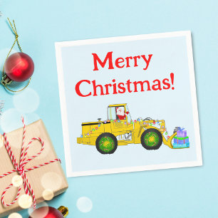 Merry Christmas Santa In Bulldozer Delivering Gift Napkin