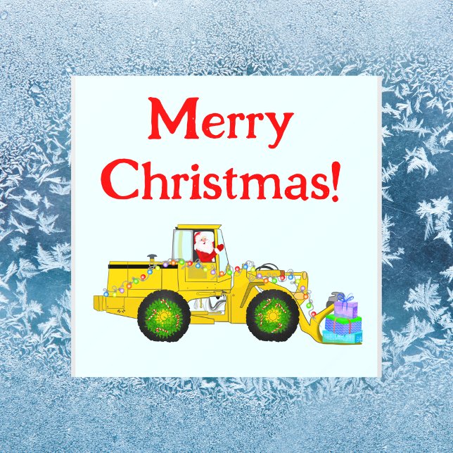Merry Christmas Santa In Bulldozer Delivering Gift Window Cling (Festive Window Magic: Santa Drives Bulldozer, Delivering Gifts. Decorate with Cheer this Christmas!)