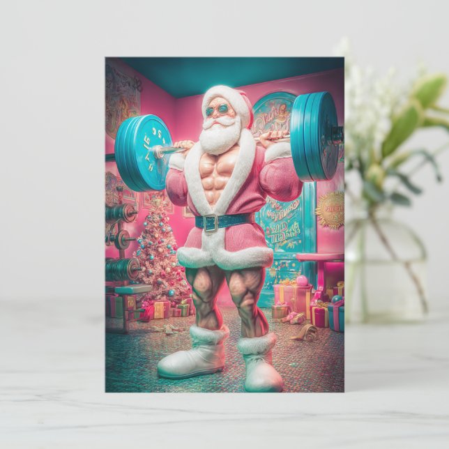 Merry Christmas | Santa Lifts More Than Gifts Holiday Card (Standing Front)