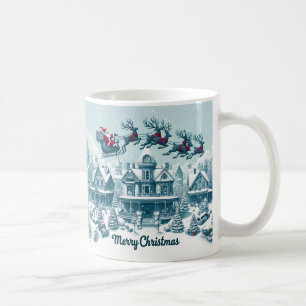 Merry Christmas Santa on His Sleigh Blue White Coffee Mug