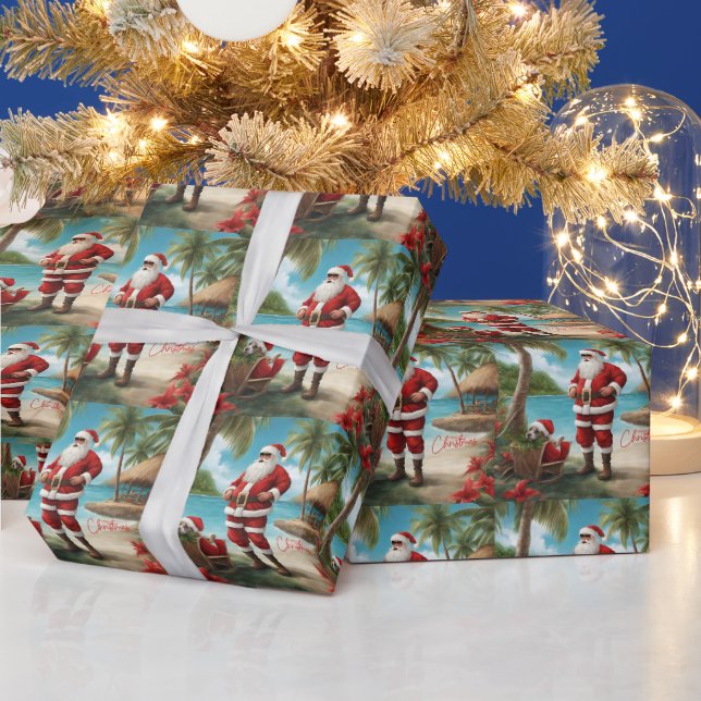 Merry Christmas Santa on Tropical Island  Wrapping Paper (Holidays)