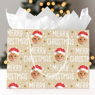 Merry Christmas Santa Photo Cute Face Beige Large Gift Bag