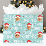 Merry Christmas Santa Photo Cute Face Blue Large Gift Bag<br><div class="desc">Make your gifts stand out this holiday season with a custom photo gift bag! This fun face-in-a-hole template is personalised with a favourite photo, and features a festive Santa Claus hat, complete with snowflakes, stars, and the greeting "Merry Christmas" in a cheerful font. It's a simple, stylish design, perfect for...</div>