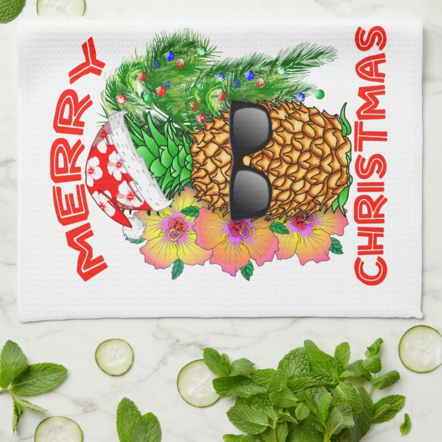 Merry Christmas Santa Pineapple Tea Towel (Folded)